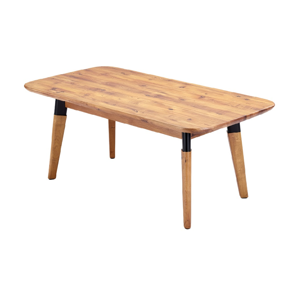 Eetkamertafel van hout met afgeronde hoeken en zwart metalen poten**