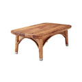 ** "Houten salontafel met afgeronde hoeken en metalen poten"