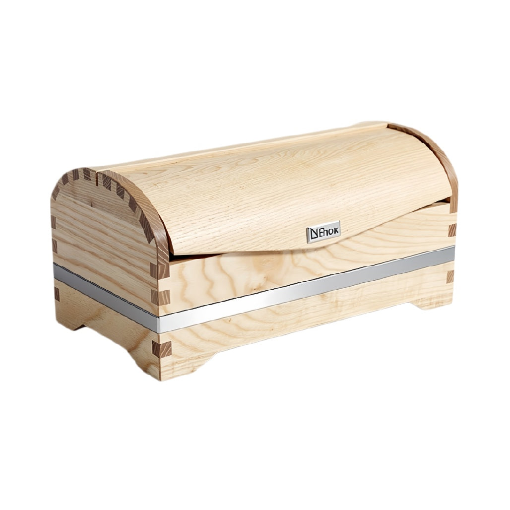 Houten opbergdoos met ronddeksel en metalen strip**